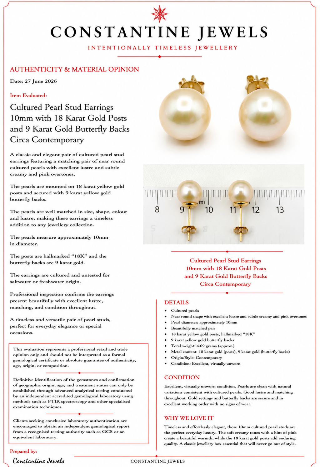 18K Gold 10mm Cultured White Pearl Stud Earrings  Cream & Rose Overtones