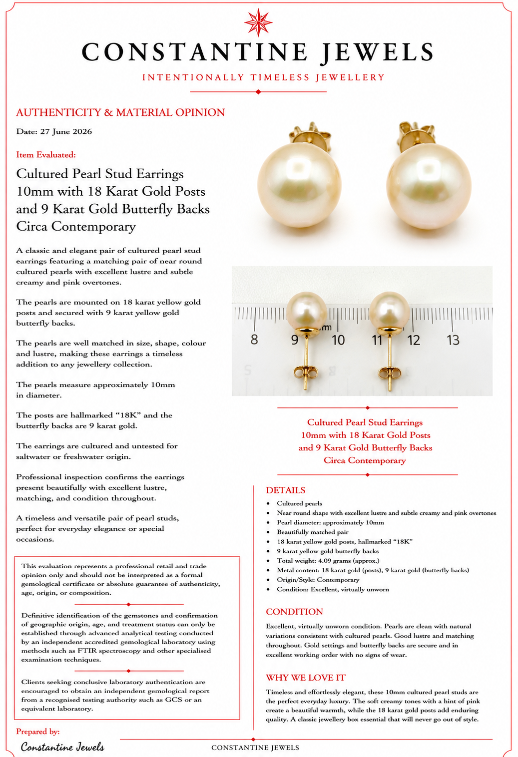 18K Gold 10mm Cultured White Pearl Stud Earrings  Cream & Rose Overtones