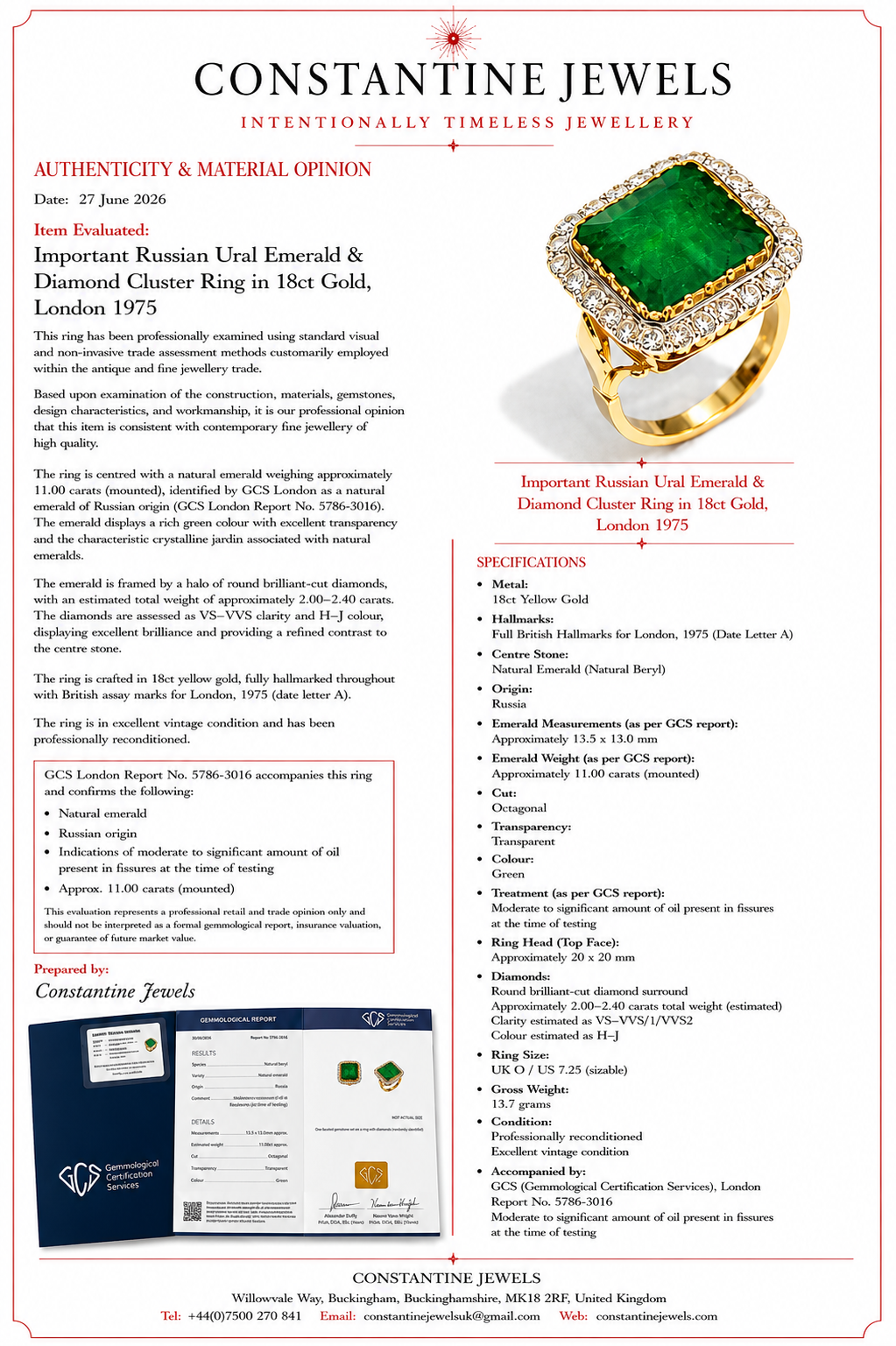 Important 11 Carat Russian Emerald Vintage Diamond Ring 18ct Gold, London 1975