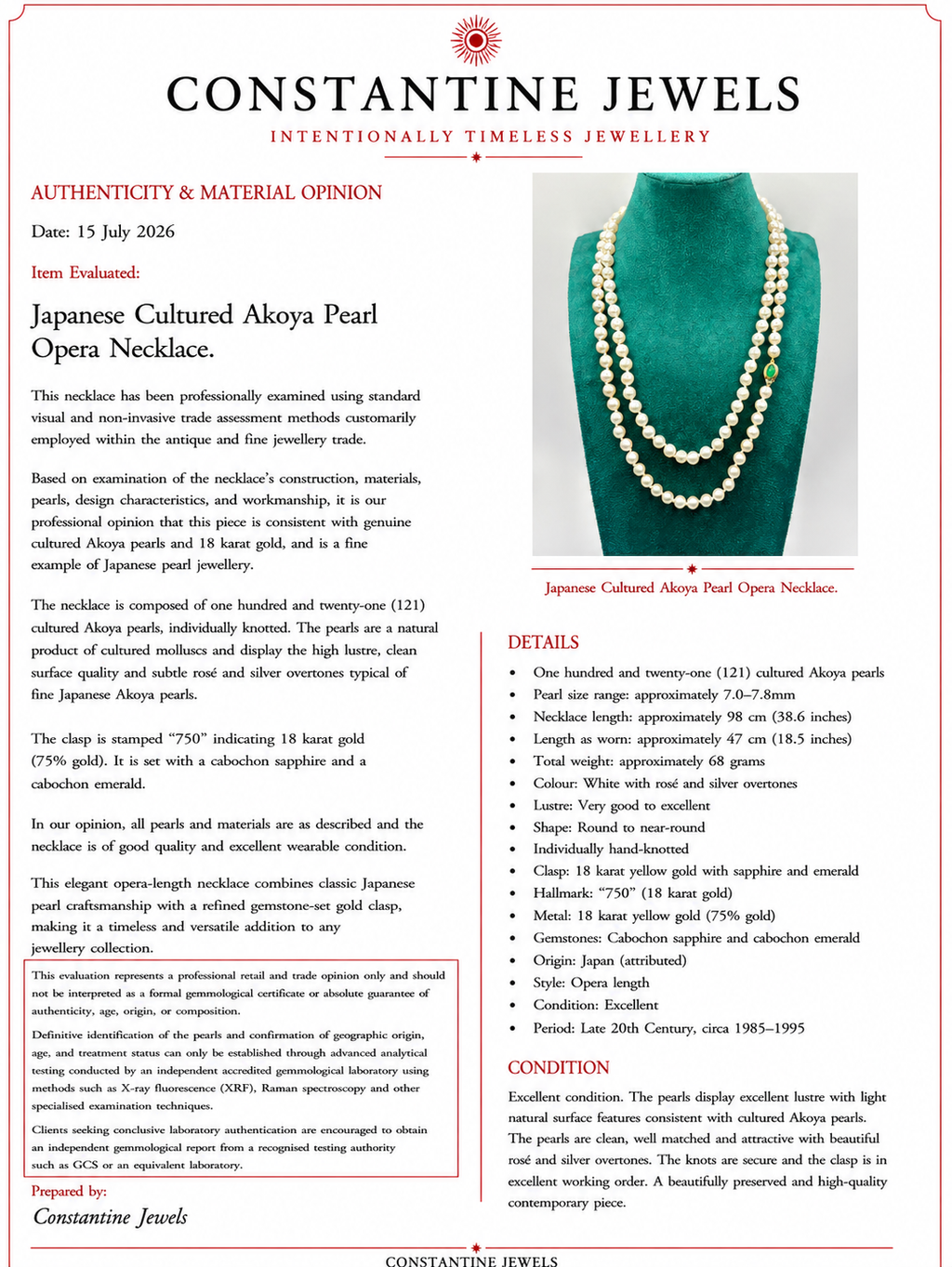 Long Japanese Akoya Cultured Pearl Opera Necklace, 18 Karat Gold Sapphire & Emerald Clasp, 98 cm