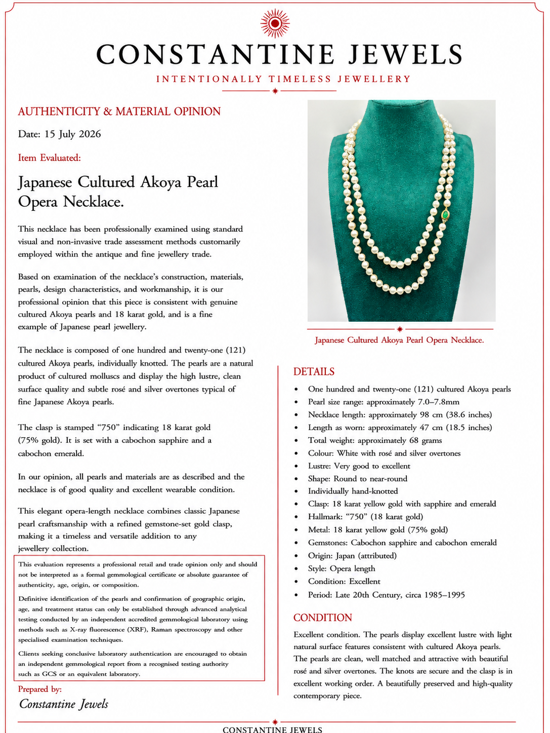Long Japanese Akoya Cultured Pearl Opera Necklace, 18 Karat Gold Sapphire & Emerald Clasp, 98 cm