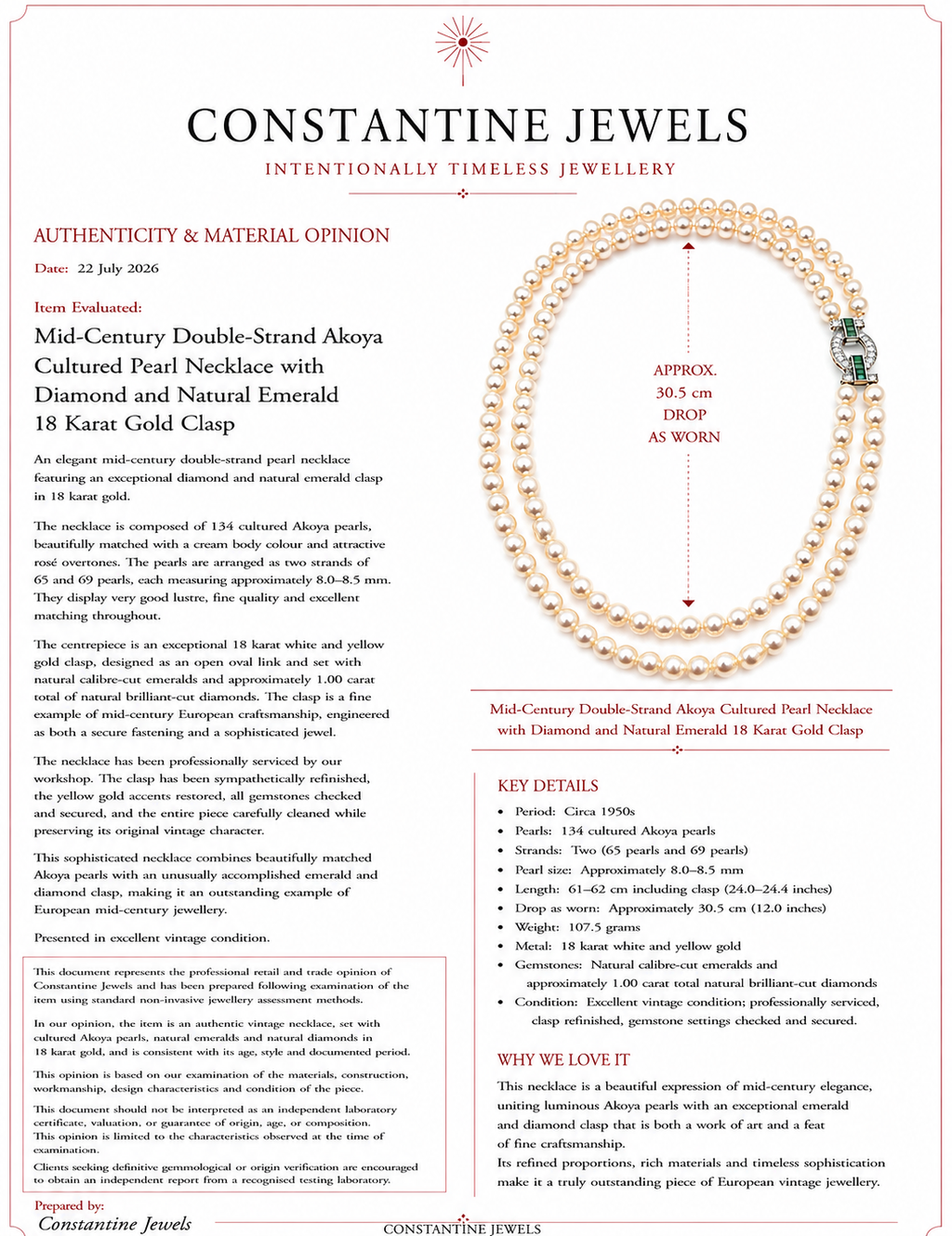 Exceptional Mid-Century Double-Strand Akoya Pearl Necklace 18K Gold Emeralds and Diamonds