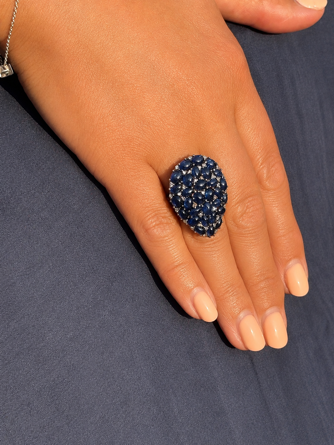 Natural Sapphire Cabochon and Diamond Statement Cocktail Ring, 13 Carats of Sapphires, 18K Gold & Silver