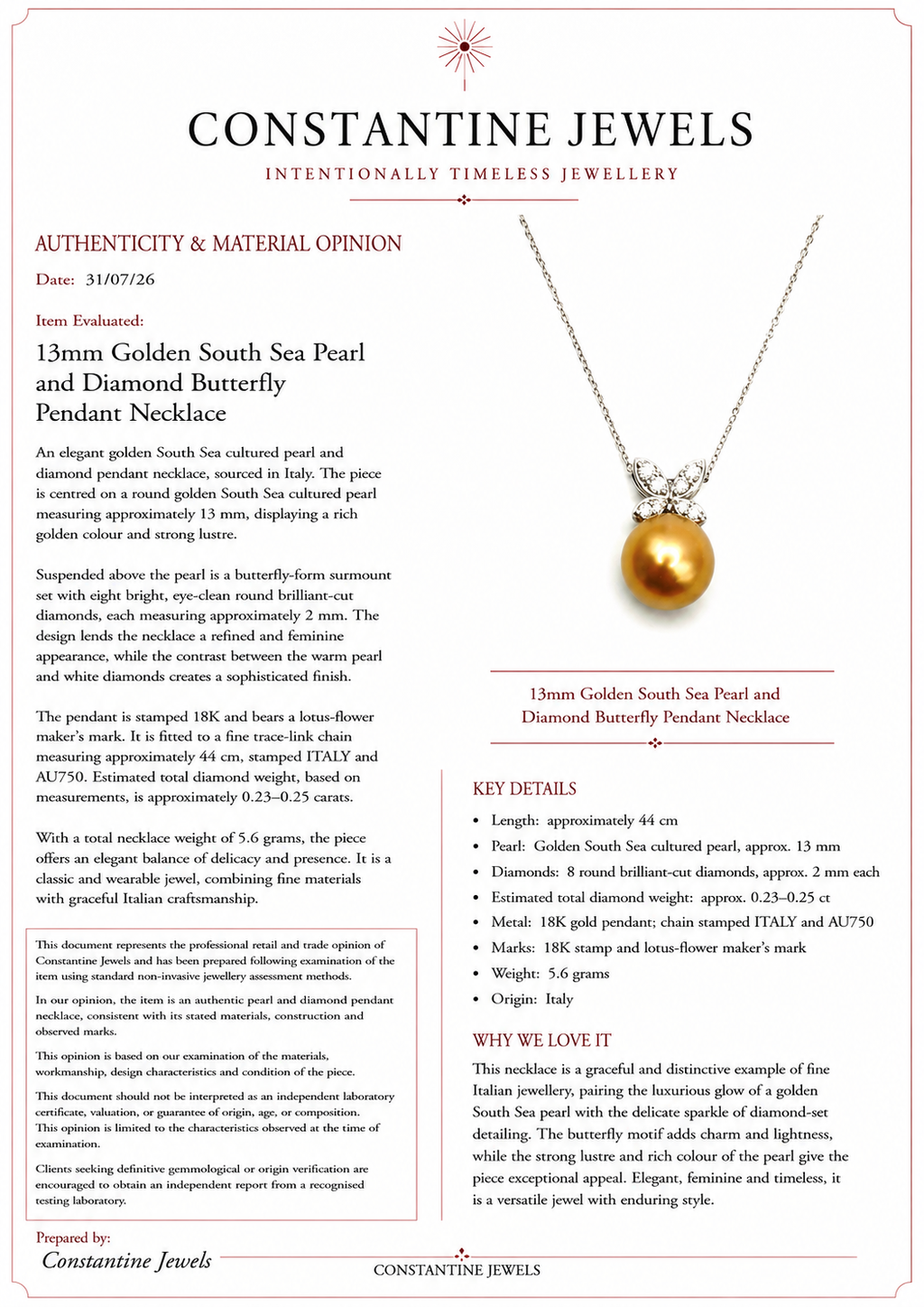13mm Golden South Sea Pearl and Diamond Butterfly Pendant Necklace