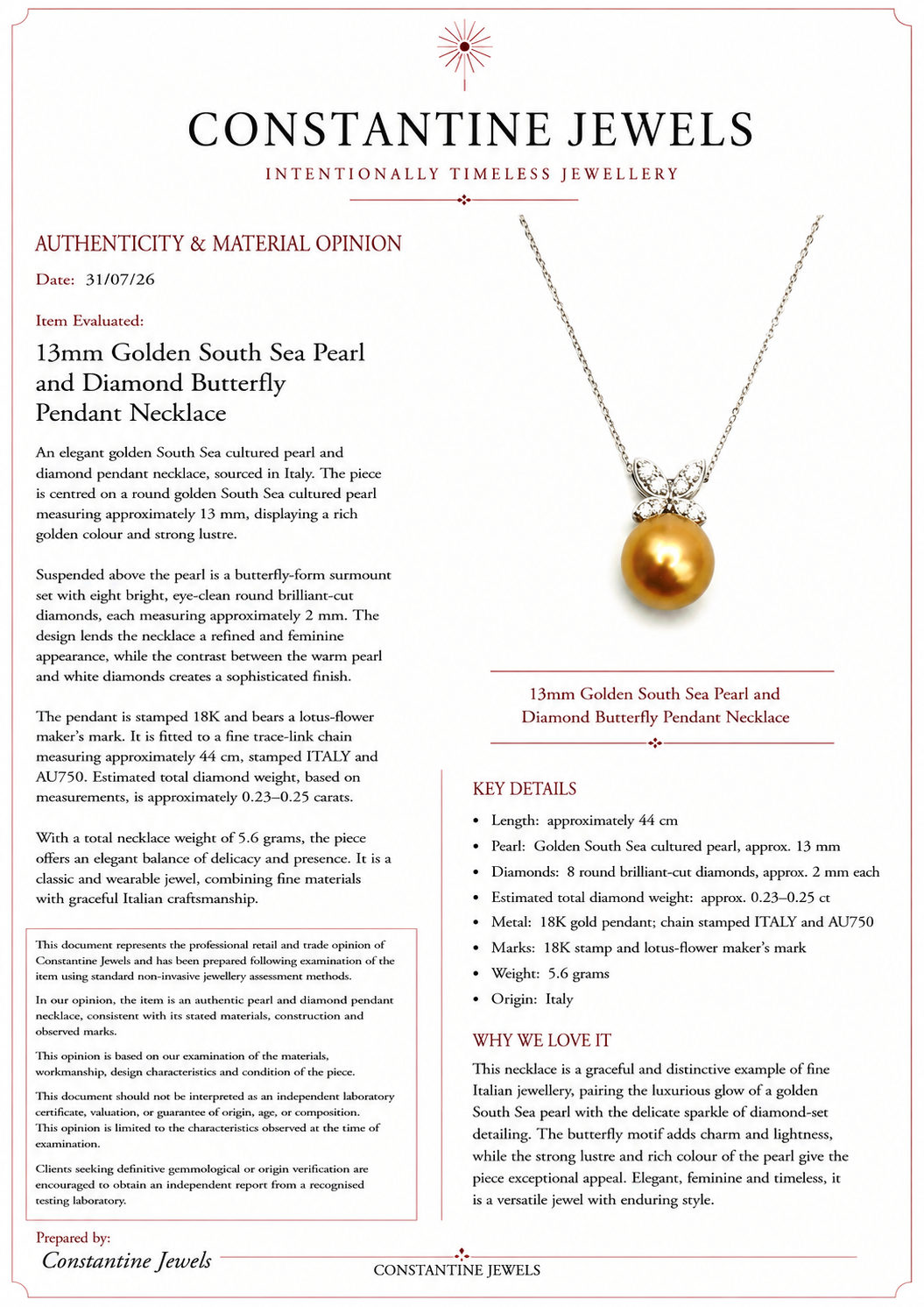 13mm Golden South Sea Pearl and Diamond Butterfly Pendant Necklace