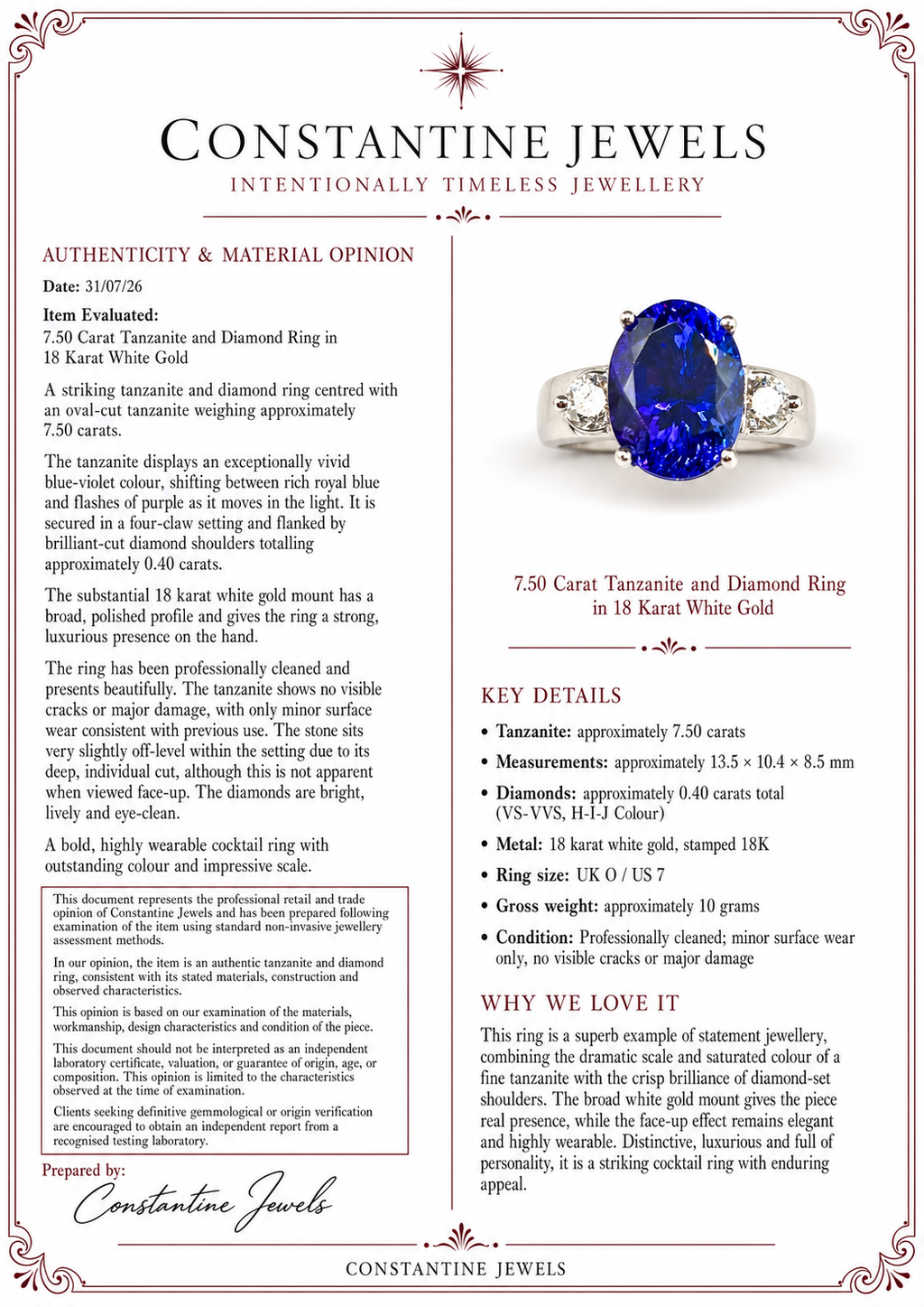 7.50 Carat Tanzanite and Diamond Ring in 18 Karat White Gold