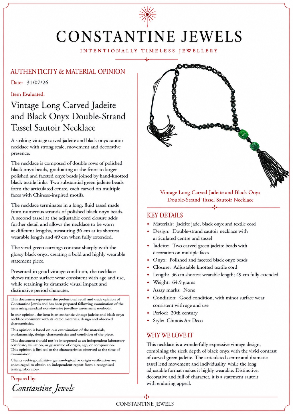 Vintage Long Carved Jadeite and Black Onyx Double-Strand Tassel Sautoir Necklace