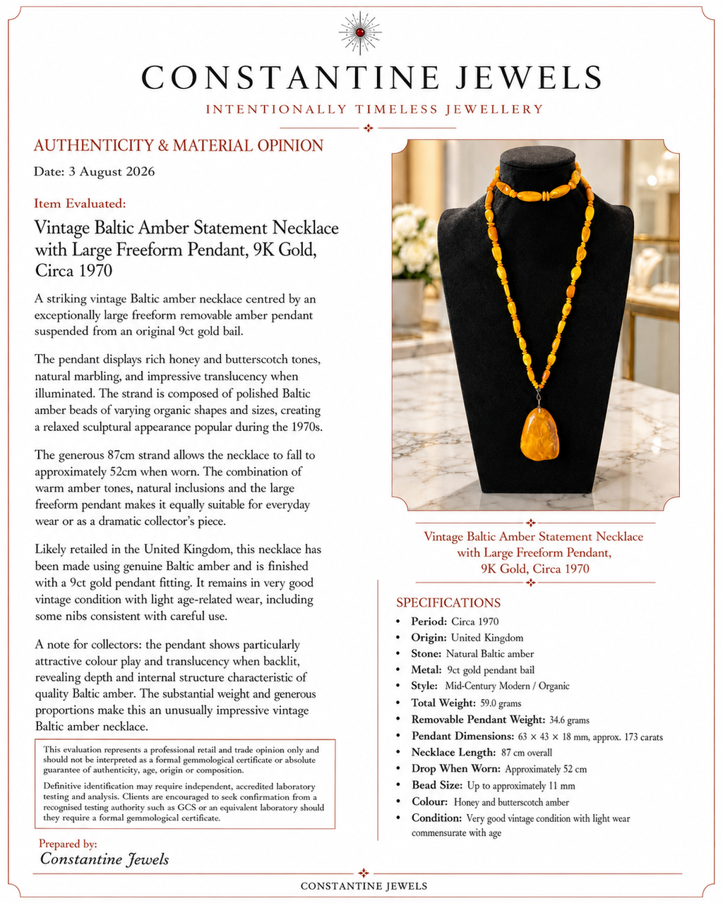 Vintage Baltic Amber Statement Necklace with Large Freeform Pendant, 9K Gold, Circa 1970