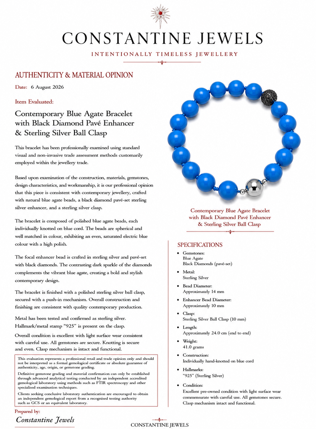 Blue Agate Bracelet with Black Diamond Pavé Sterling Silver Enhancer | 14mm Beads | 41g