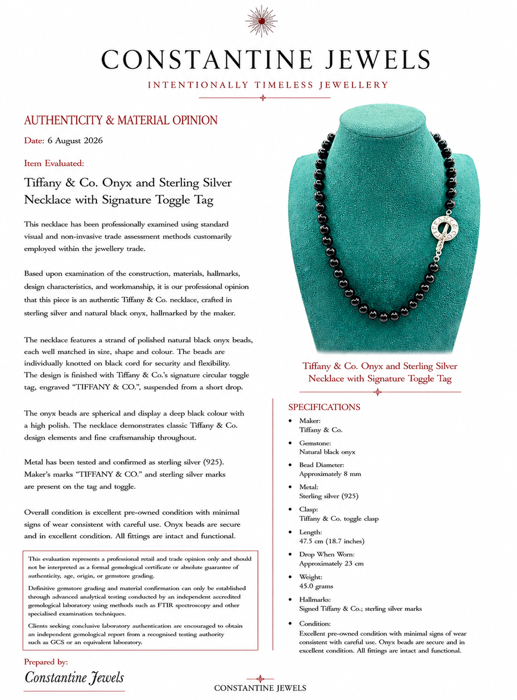Tiffany & Co. 8mm Black Onyx Bead Necklace in Sterling Silver