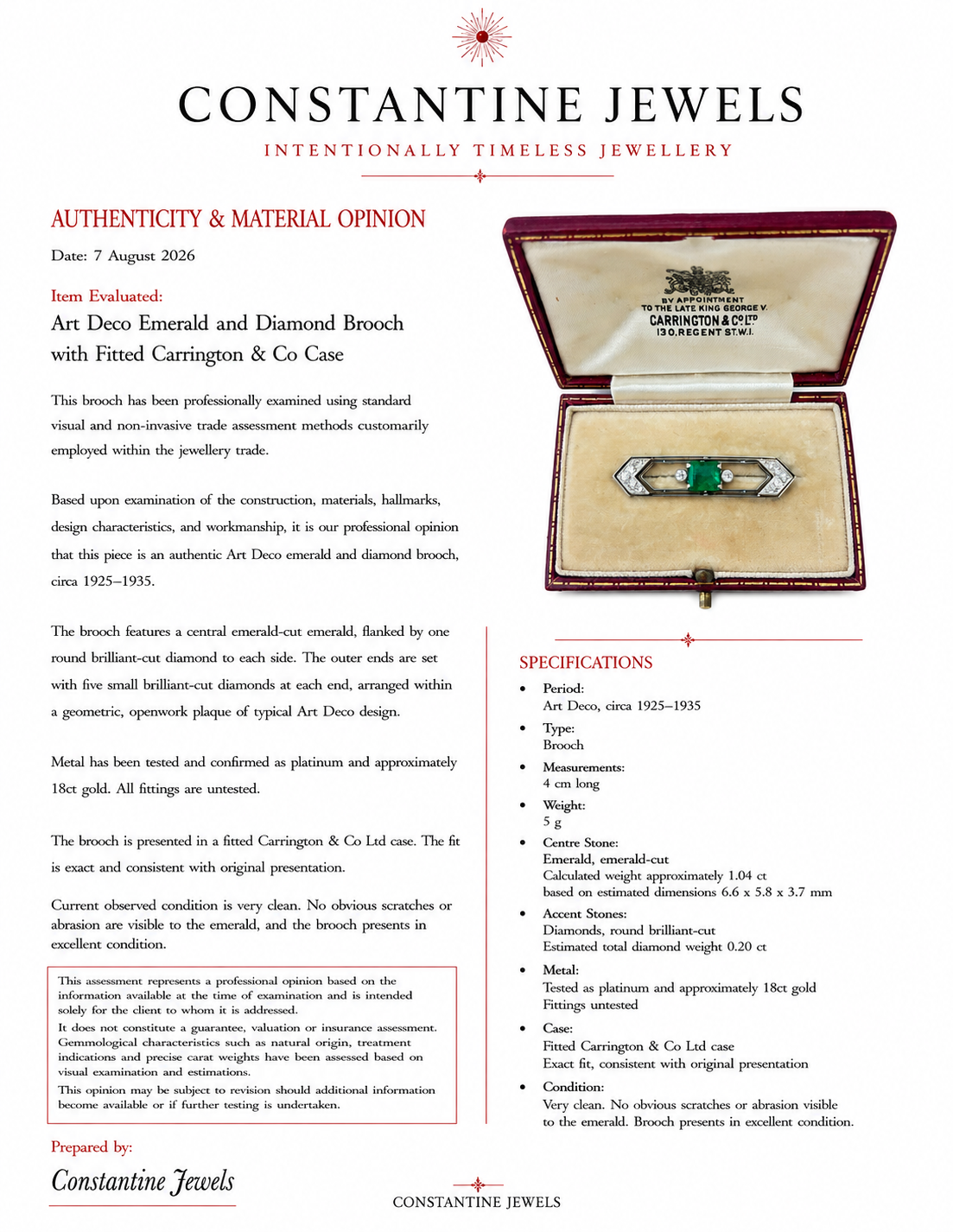 Art Deco Emerald Diamond Brooch, Carrington & Co. Fitted Case 1925-1935