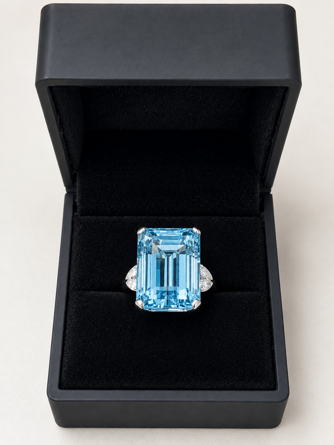 Impressive Large Aquamarine Cocktail Ring, 30 Carats, Art Deco style and 0.80 Marquise Diamonds in 18k White Gold