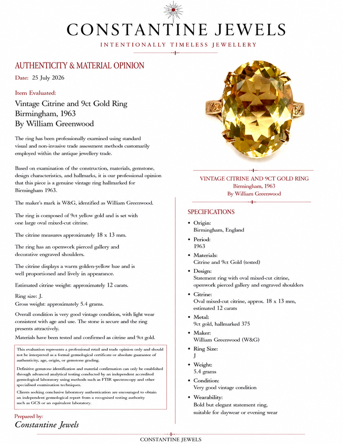 Vintage 1963 William Greenwood Gold Citrine Cocktail Ring