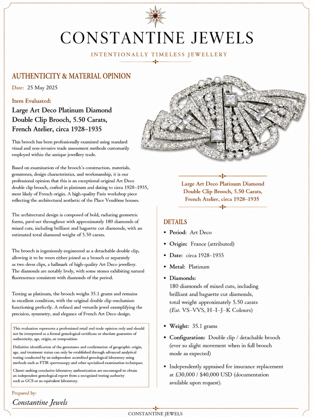 Large Art Deco Platinum Diamond Double Clip Brooch, 5.50 Carats, French Atelier, circa 1928-1935
