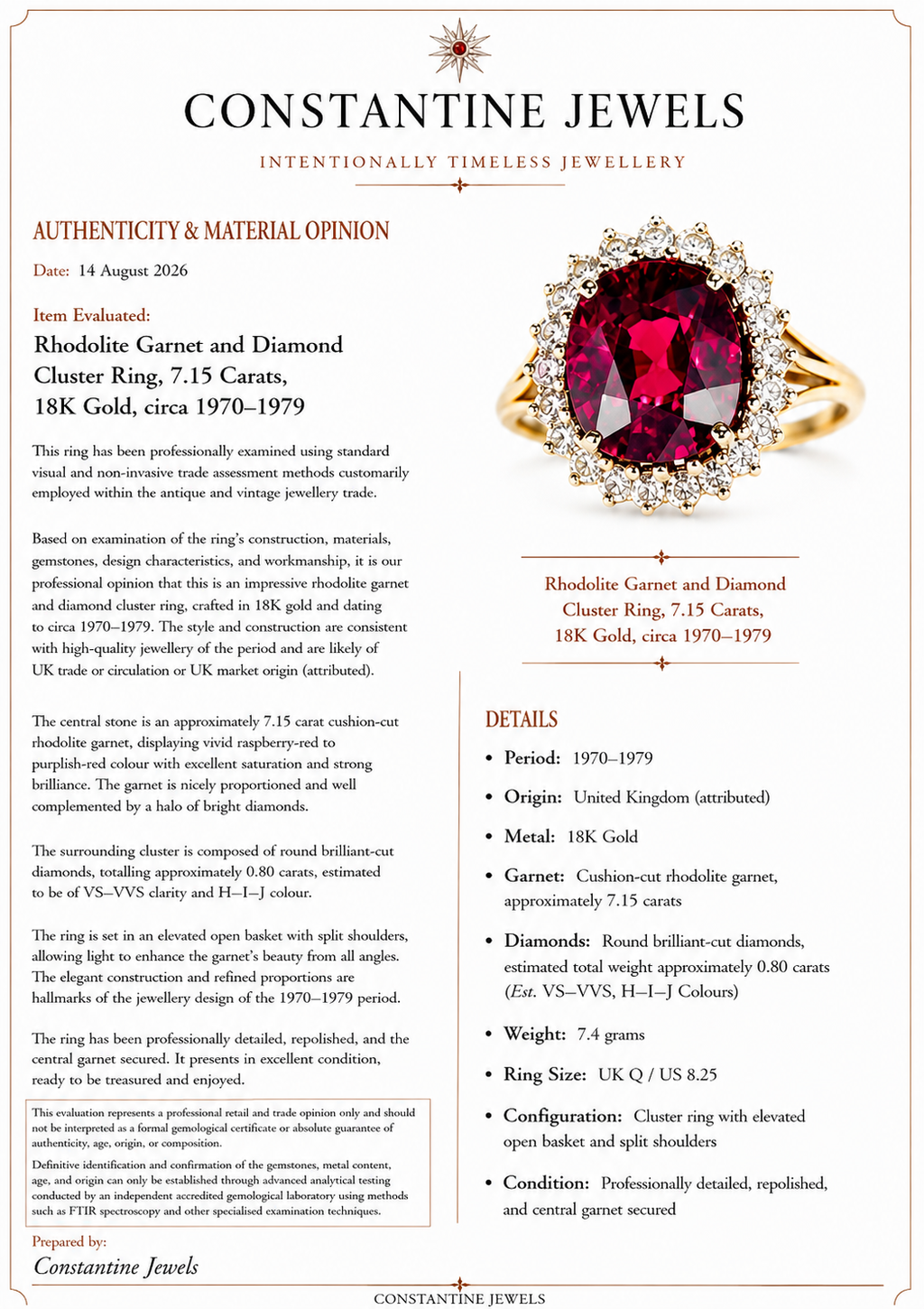 Exquisite Vintage Cocktail Ring 7.15 Carat Rhodolite Garnet with Diamonds in 18K Gold