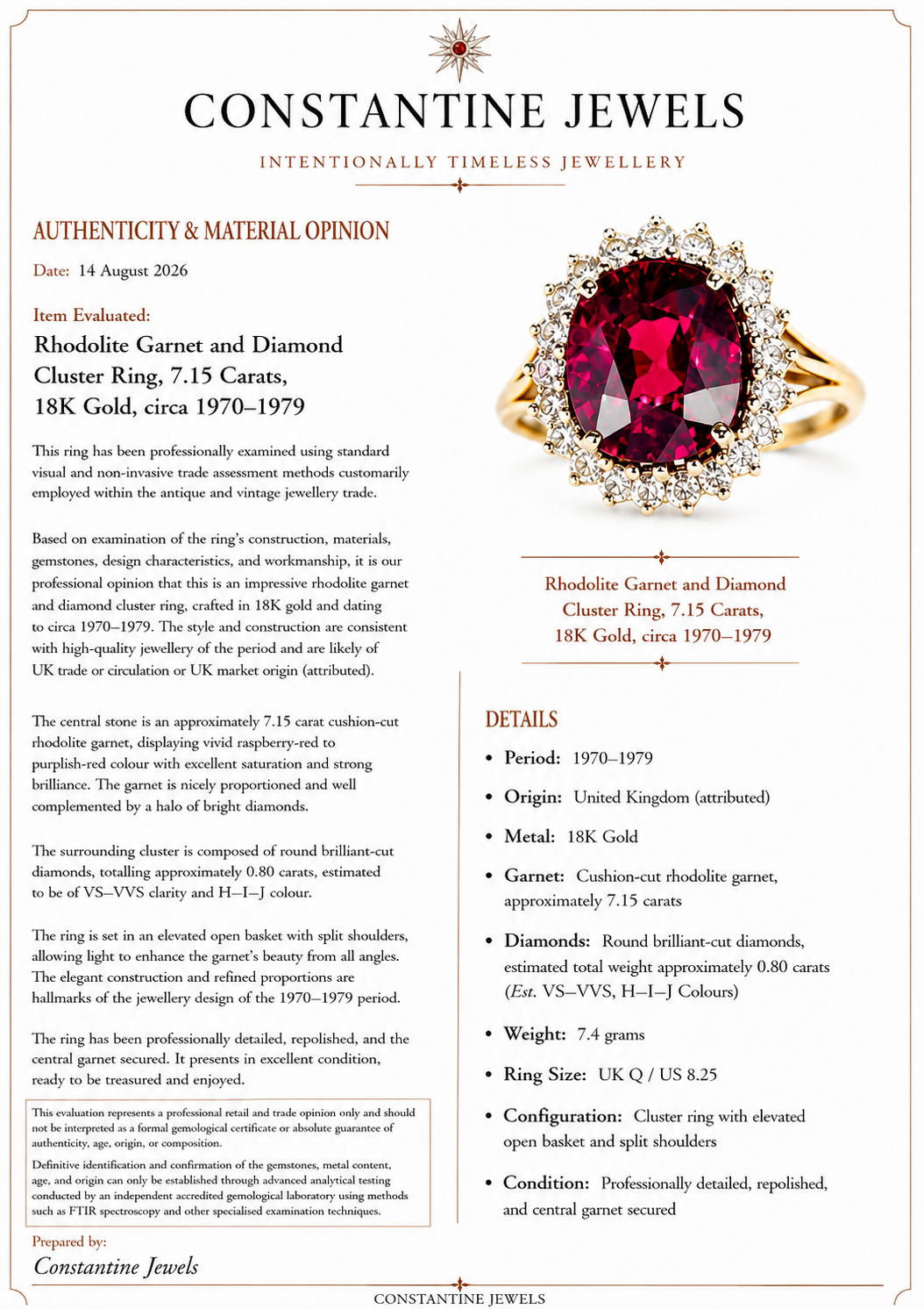 Exquisite Vintage Cocktail Ring 7.15 Carat Rhodolite Garnet with Diamonds in 18K Gold