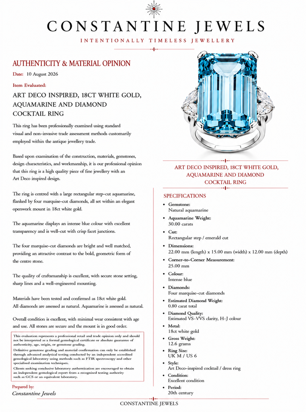Impressive Large Aquamarine Cocktail Ring, 30 Carats, Art Deco style and 0.80 Marquise Diamonds in 18k White Gold