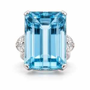 Impressive Large Aquamarine Cocktail Ring, 30 Carats, Art Deco style and 0.80 Marquise Diamonds in 18k White Gold