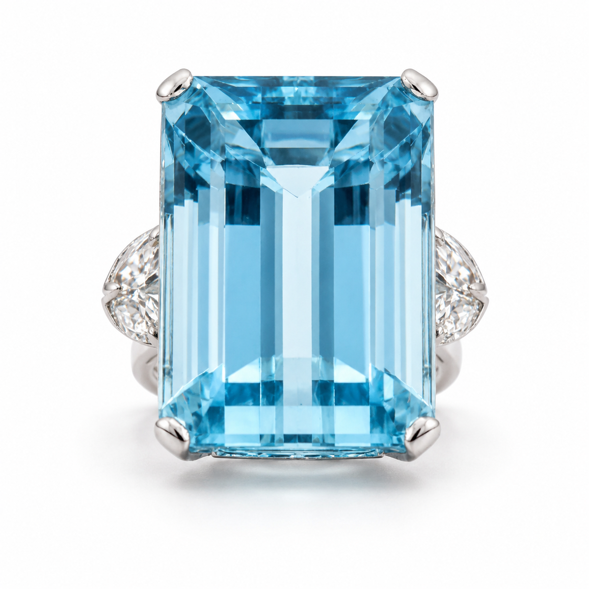 Impressive Large Aquamarine Cocktail Ring, 30 Carats, Art Deco style and 0.80 Marquise Diamonds in 18k White Gold