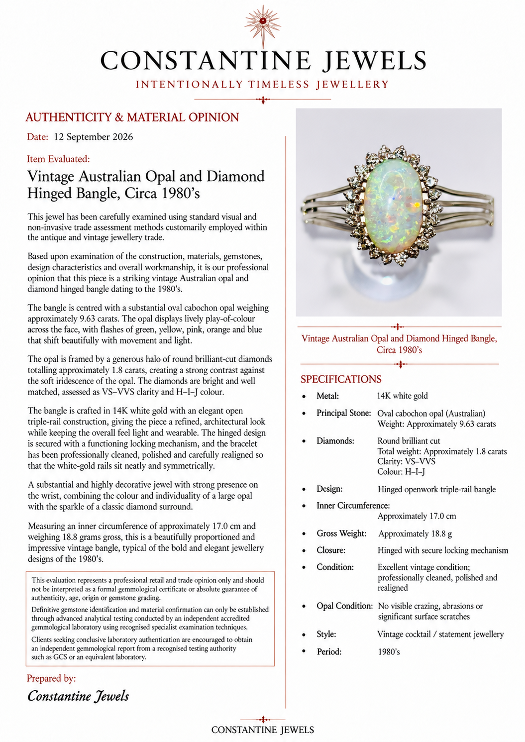 Vintage Opal Bangle 9.63 Carat Opal, 1.8 Carat Diamond 14K White Gold