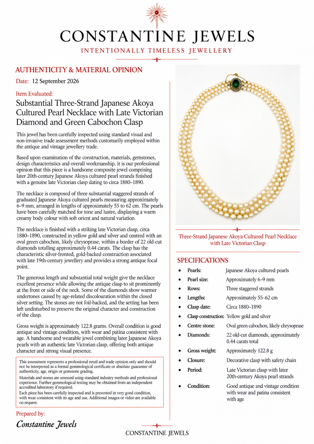 Three-Strand Japanese Akoya Pearl Necklace Late Victorian Diamond & Chrysoprase