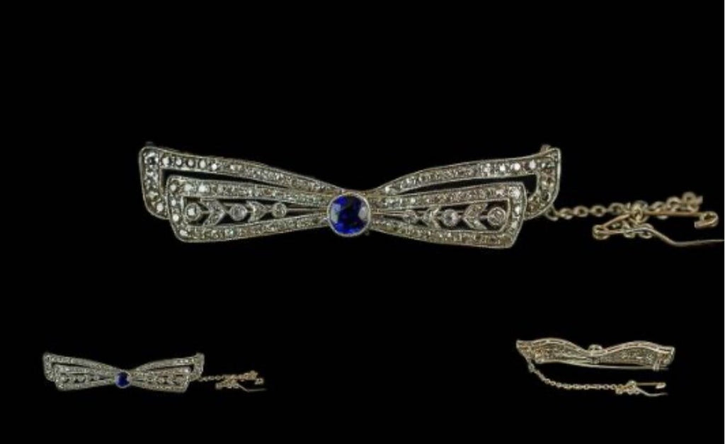 ANTIQUE ART DECO DIAMONDS & Sapphire Ribbon Brooch c1920’s