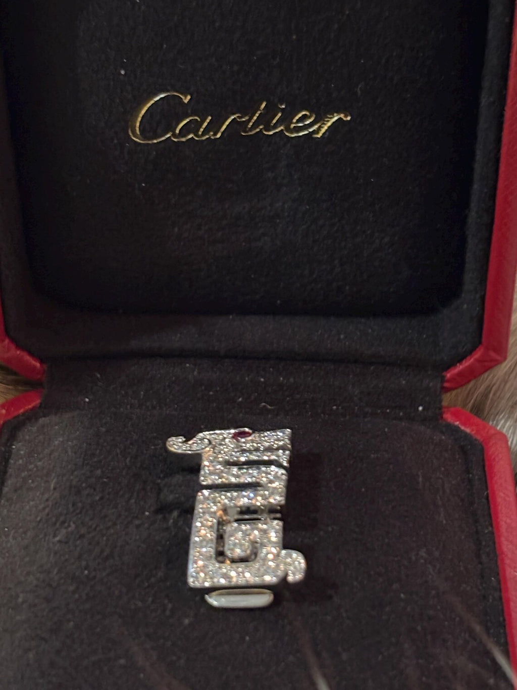 Cartier “Le Baiser du Dragon” Diamond & Ruby Pin Brooch, 18K White Gold, Signed & Numbered, Cartier Case, 1990s