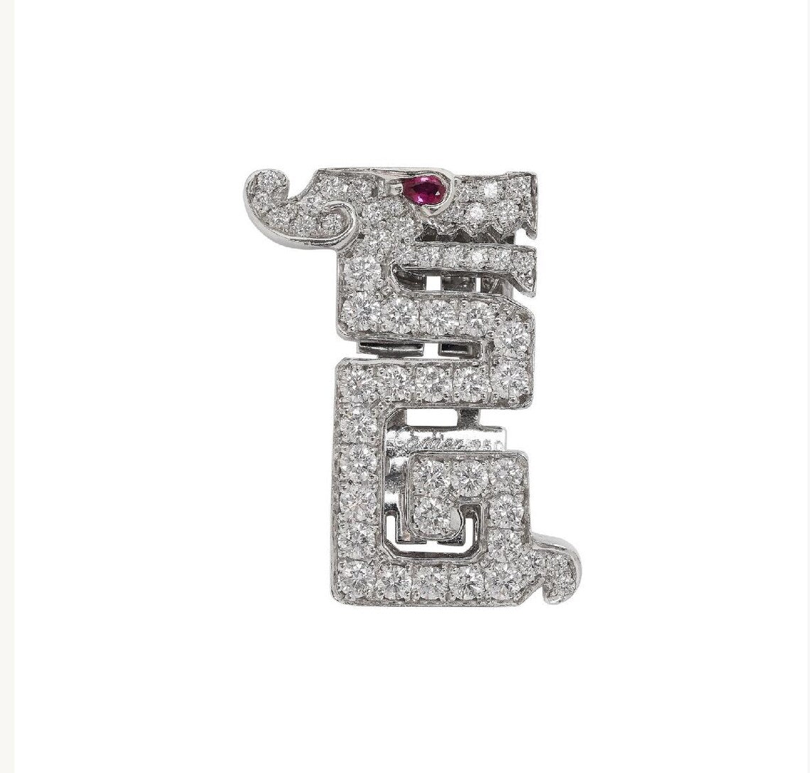 Cartier “Le Baiser du Dragon” Diamond & Ruby Pin Brooch, 18K White Gold, Signed & Numbered, Cartier Case, 1990s
