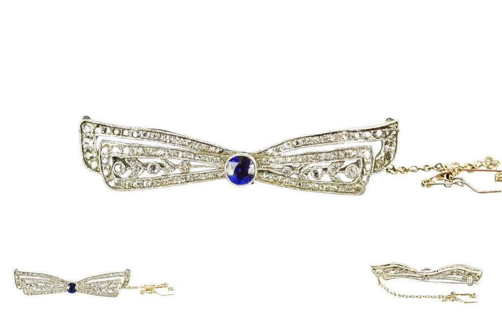ANTIQUE ART DECO DIAMONDS & Sapphire Ribbon Brooch c1920’s