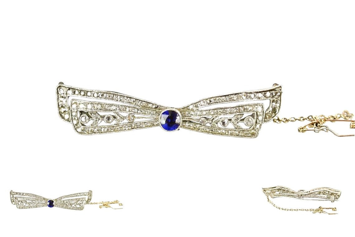 ANTIQUE ART DECO DIAMONDS & Sapphire Ribbon Brooch c1920’s