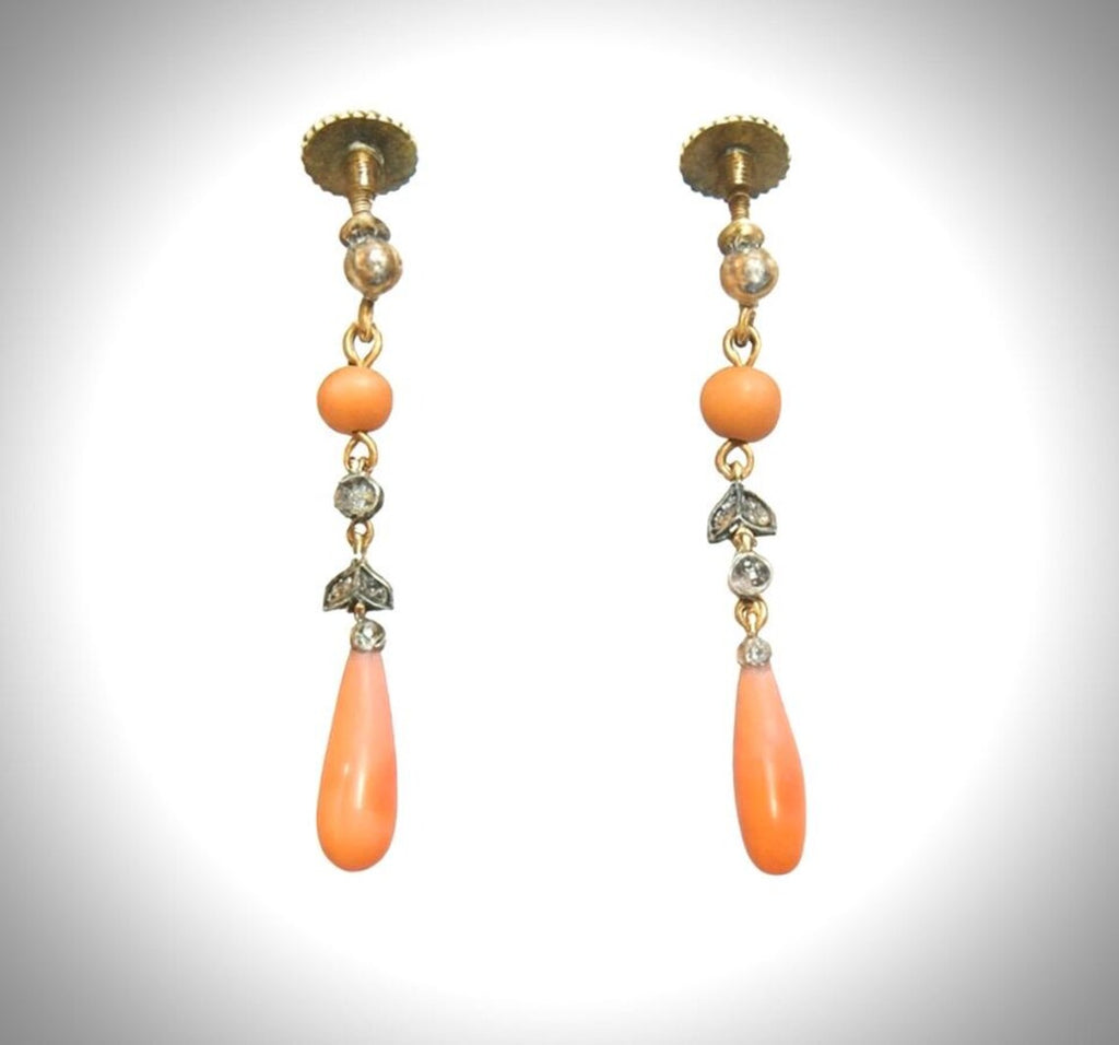 ART DECO CORAL Earrings with old cut diamonds