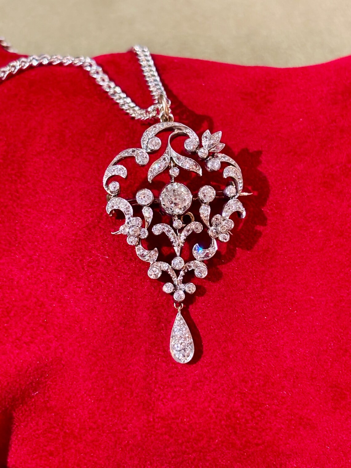 EDWARDIAN PLATINUM & GOLD Diamond Lavaliere Brooch-Pendant c1900