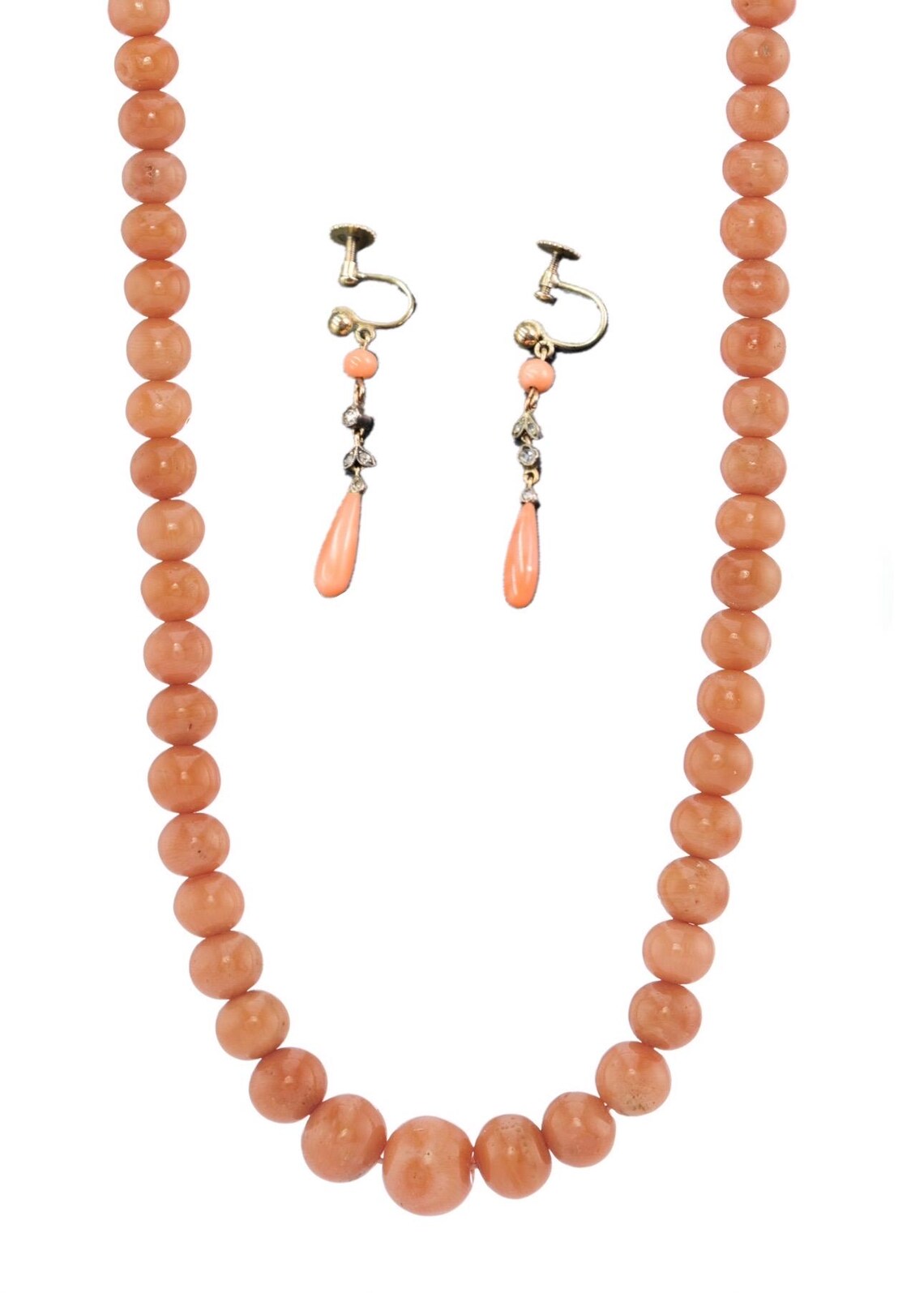 Antique Mediterranean Angel Skin Coral Graduated Opera Necklace, 14k Gold Clasp, Early 20th Century
