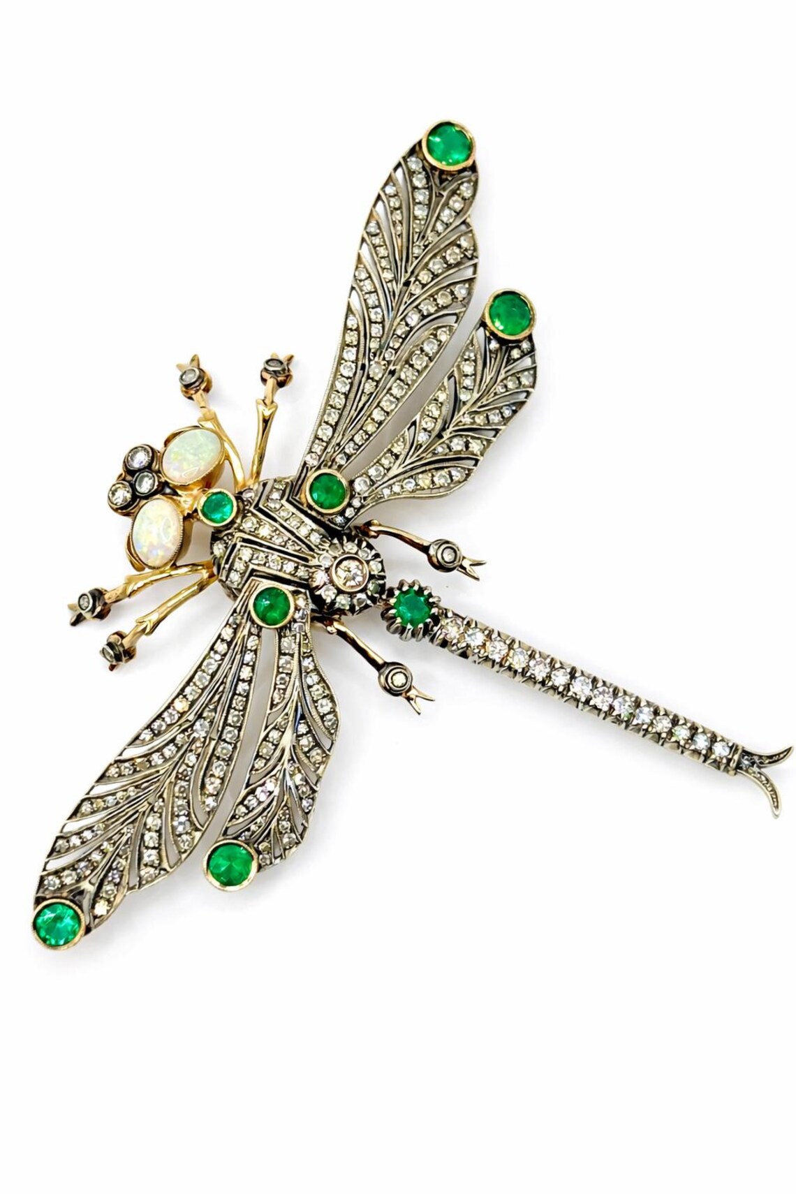 Antique French Diamond, Emerald & Opal En Tremblant Dragonfly Brooch, c.1930–1940