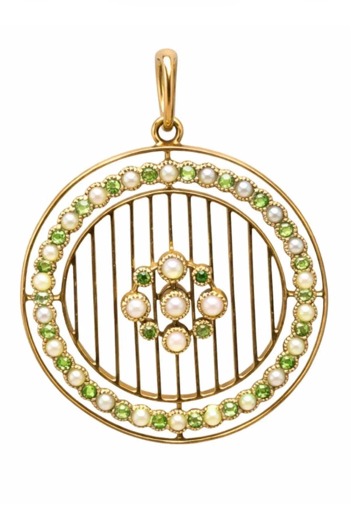 Edwardian 15ct Gold Peridot Seed Pearl Openwork Pendant, circa 1905 (18K Chain)
