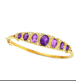 Victorian-Inspired Handmade Gold Graduated Amethyst and Diamond Hinged Bangle