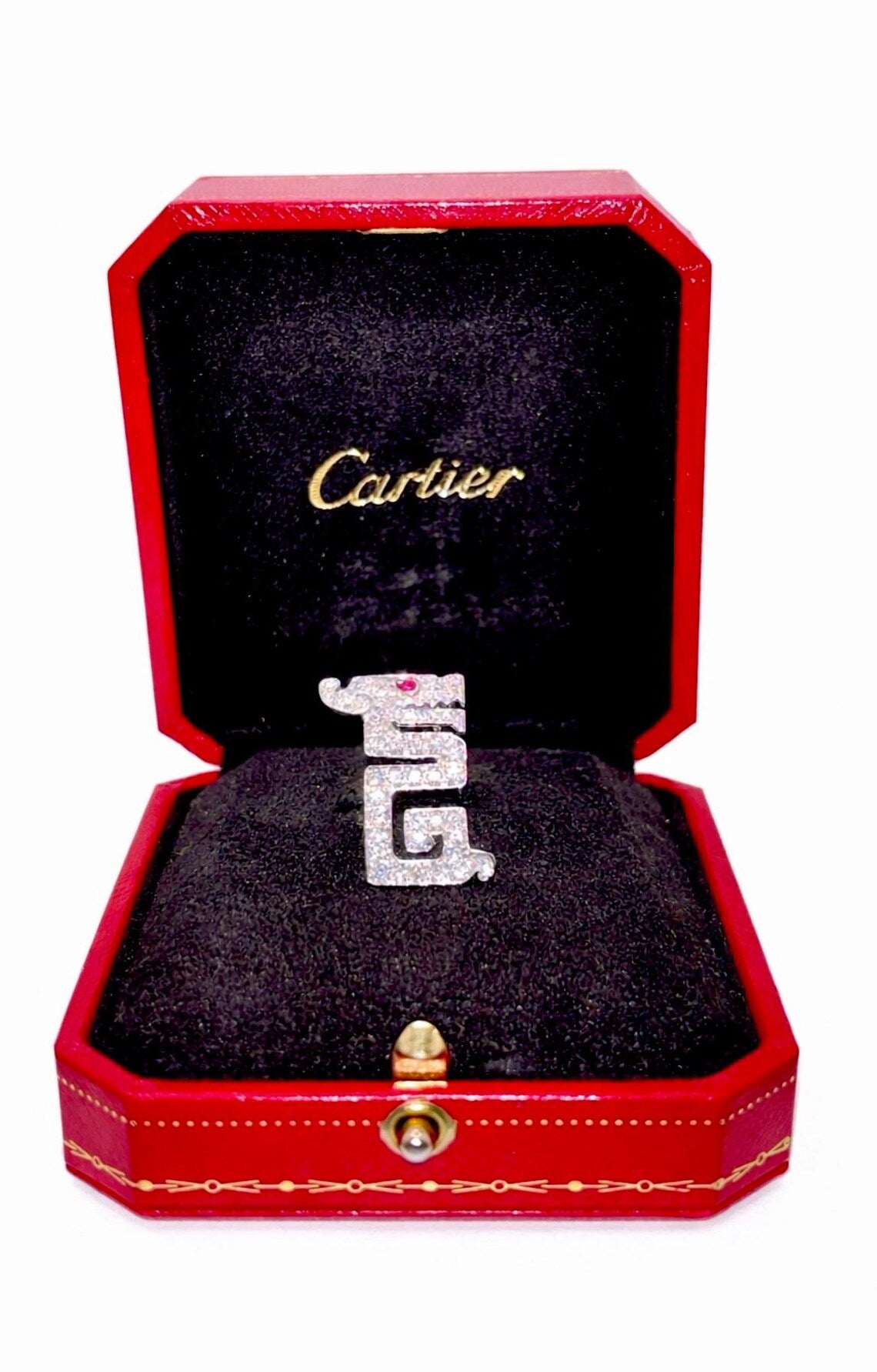 Cartier “Le Baiser du Dragon” Diamond & Ruby Pin Brooch, 18K White Gold, Signed & Numbered, Cartier Case, 1990s