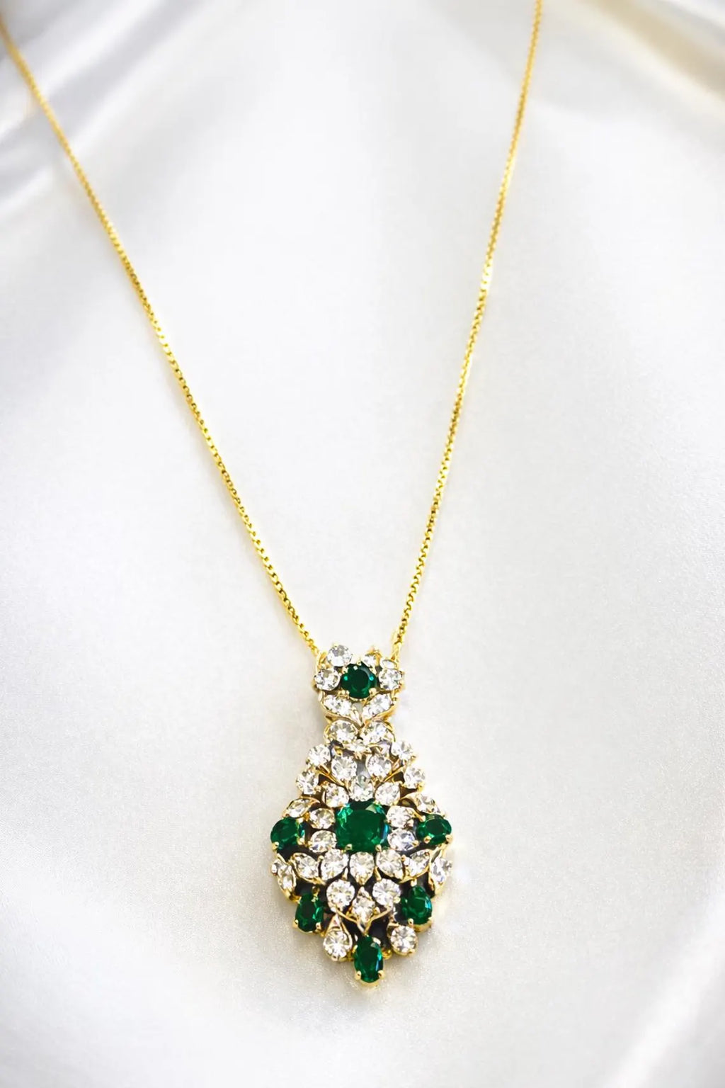 Edwardian Style Emerald and Diamond Drop Pendant Necklace, 18K Yellow Gold