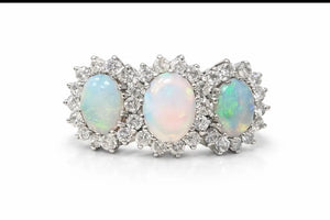 Victorian Style 18ct White Gold Opal Diamond Trilogy Ring 0.50ct