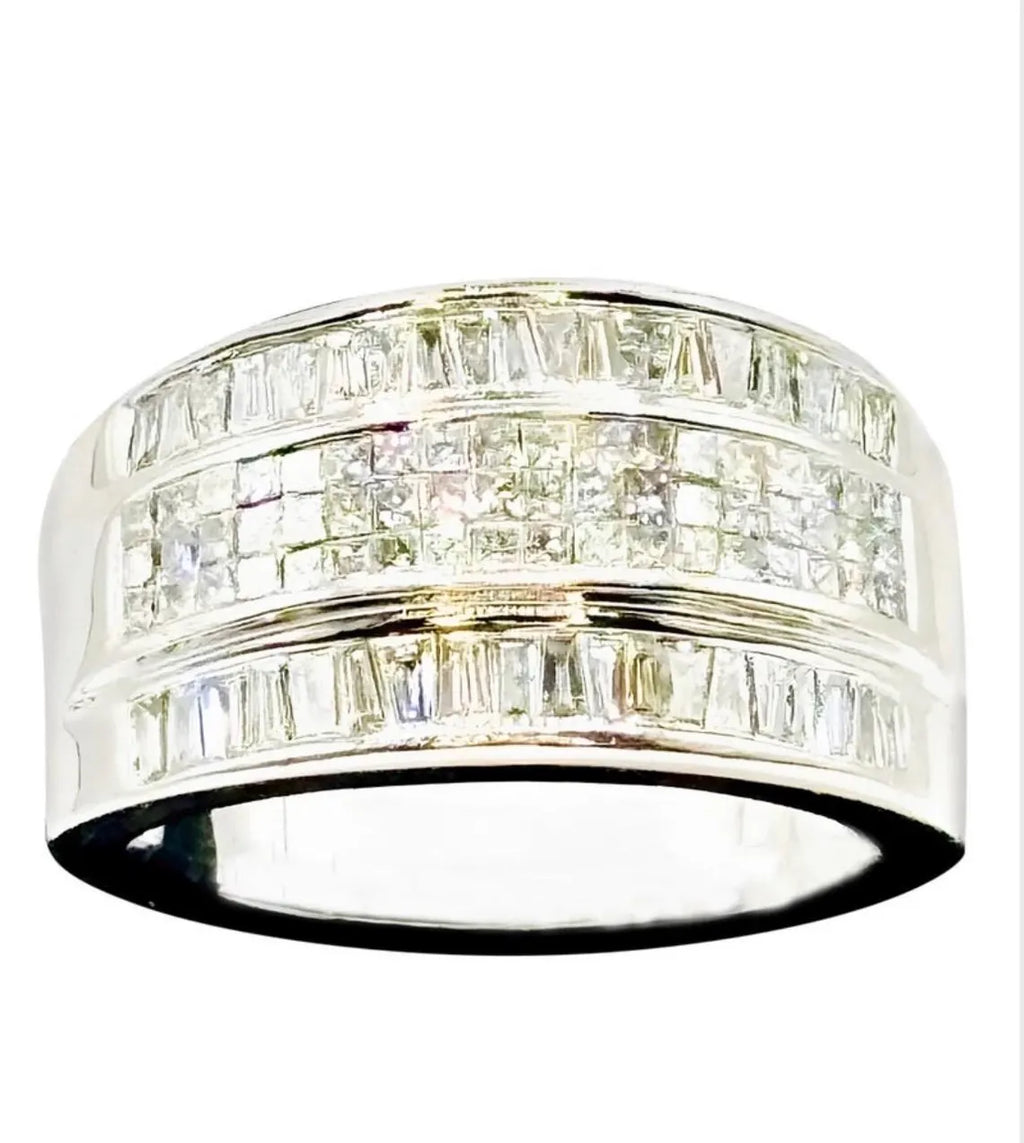 18K White Gold 1.25 Carat Diamond Baguette and Brilliant Wide Band Ring, 15.3g