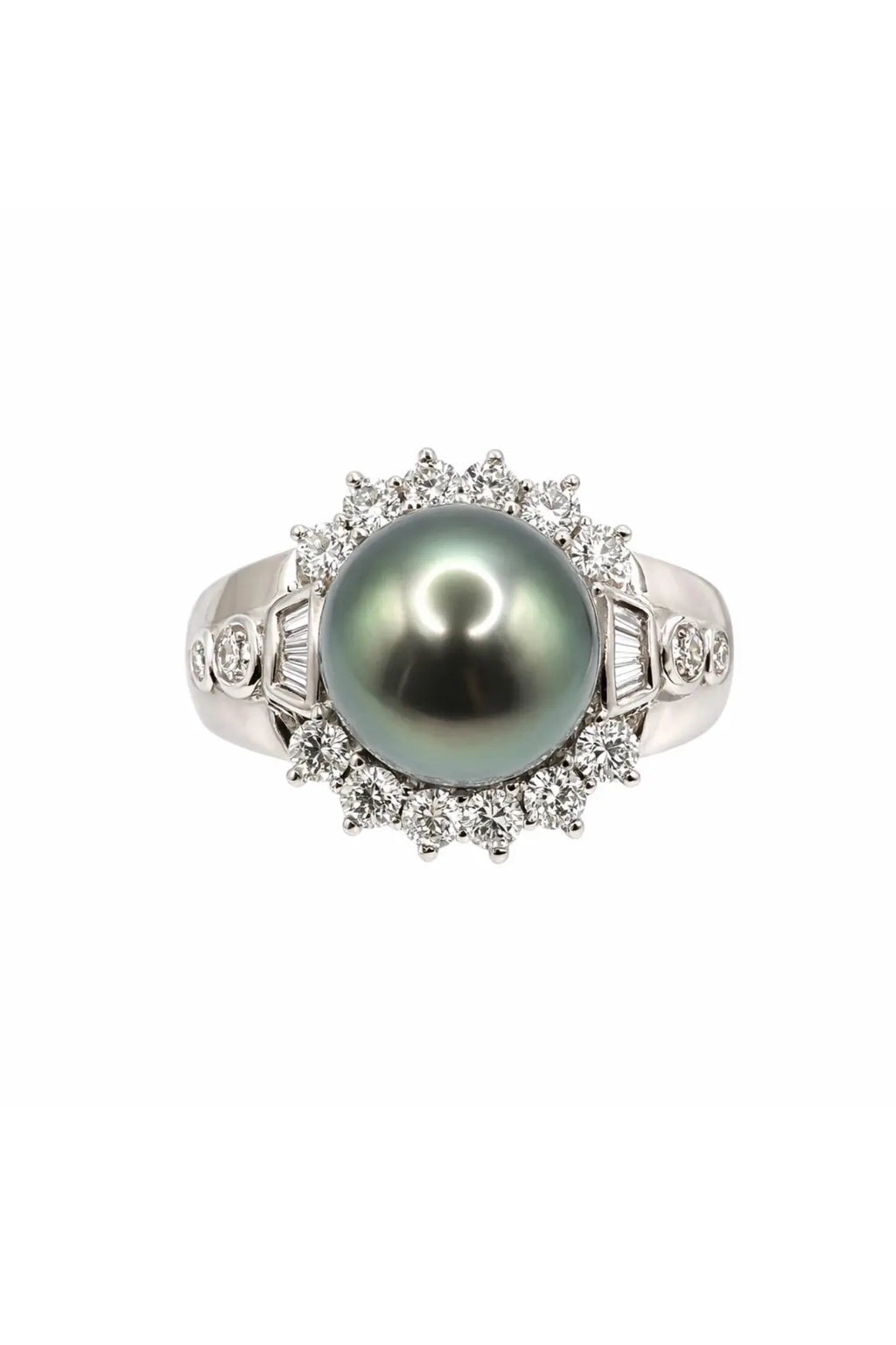 18K White Gold Tahitian Pearl Diamond Halo Ring, 10–11mm Pearl, 0.82ct Diamonds