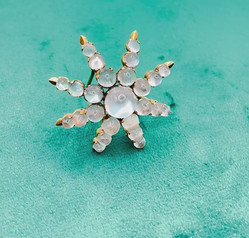 Antique Victorian 18K Gold Moonstone Eight-Ray Star Brooch, Circa 1890