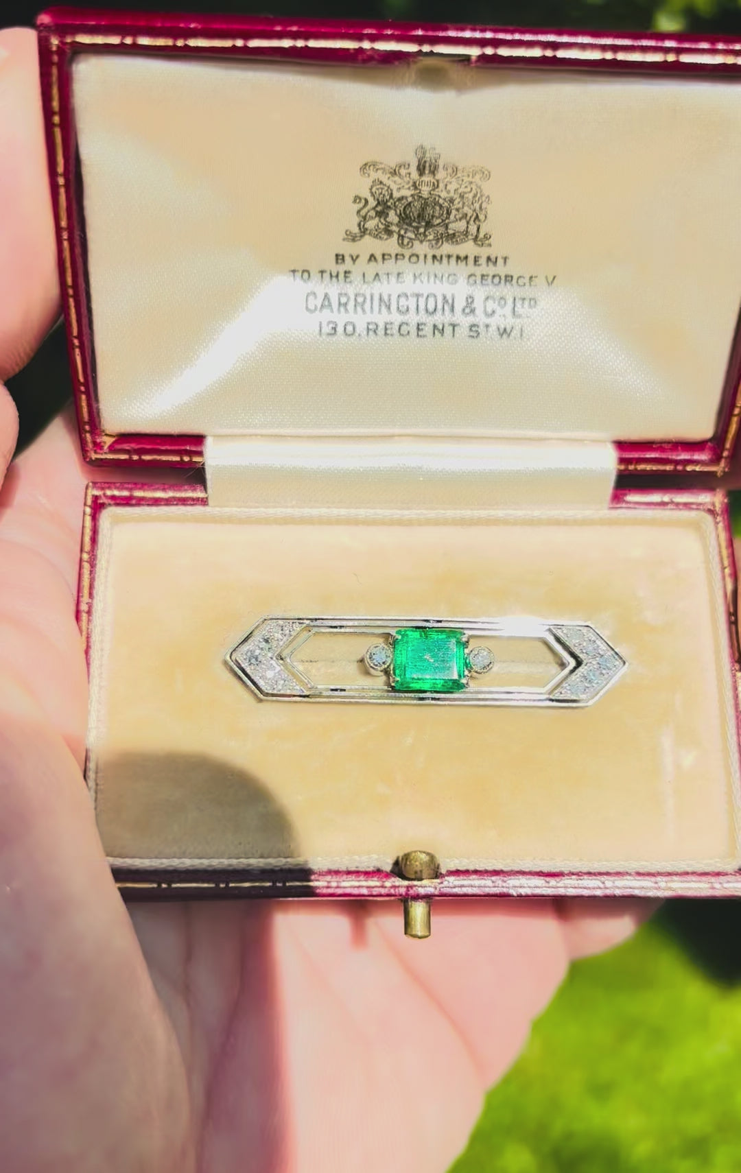 Art Deco Emerald Diamond Brooch, Carrington & Co. Fitted Case 1925-1935