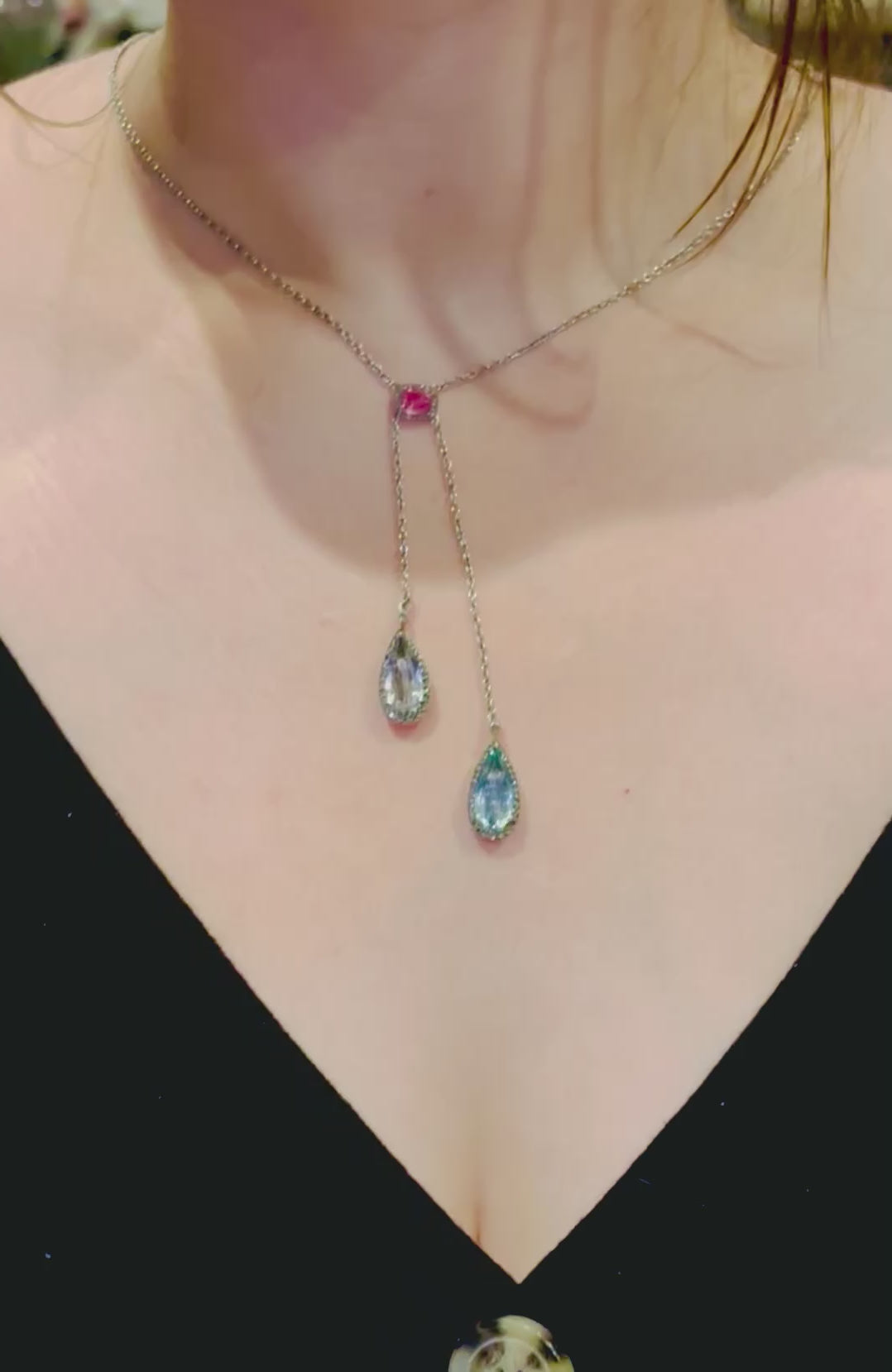 Antique French Edwardian Aquamarine, Pink Tourmaline, Morganite Diamond Negligee Necklace