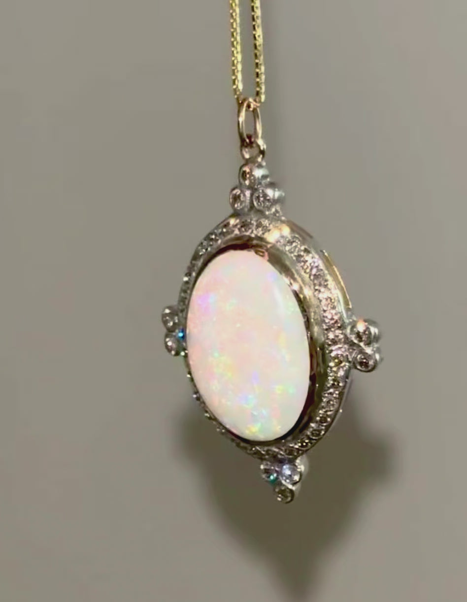 Vintage Edwardian Revival Opal and Diamond Pendant Necklace in 18K Gold with 18K Chain
