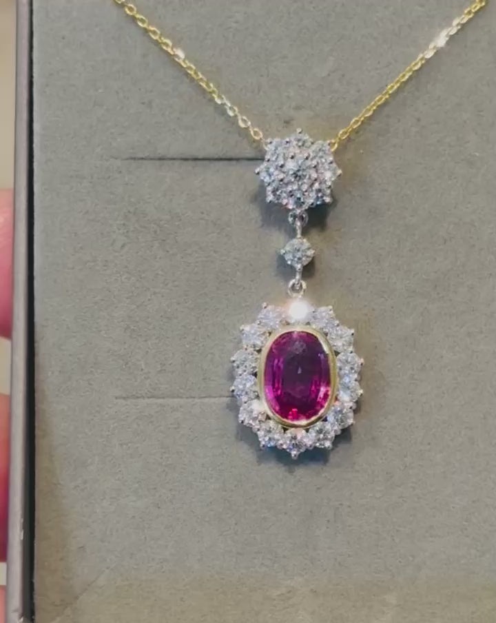 Certified Madagascar Pink Sapphire, Diamond Cluster Pendant Necklace 18K Gold