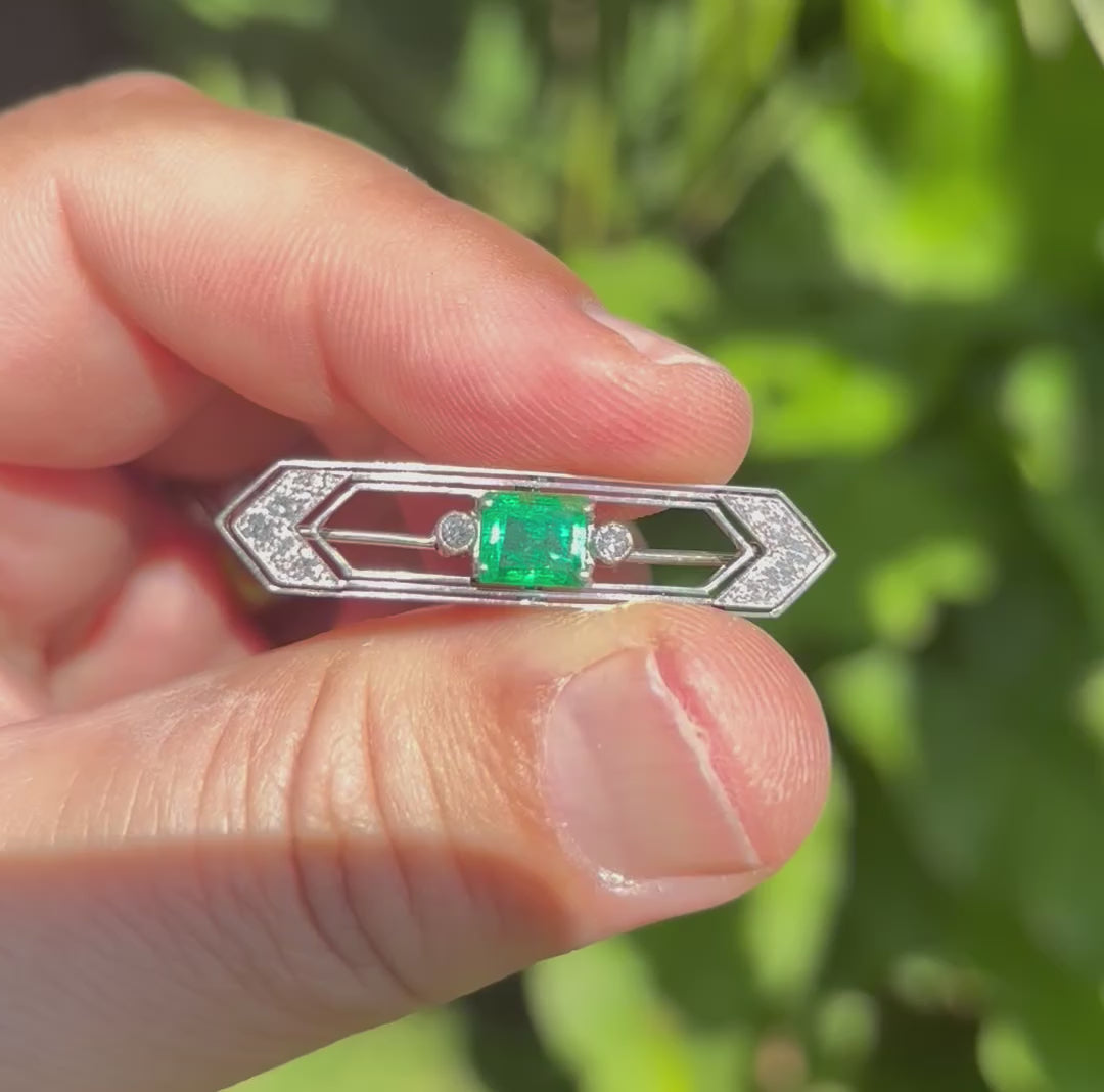 Art Deco Emerald Diamond Brooch, Carrington & Co. Fitted Case 1925-1935