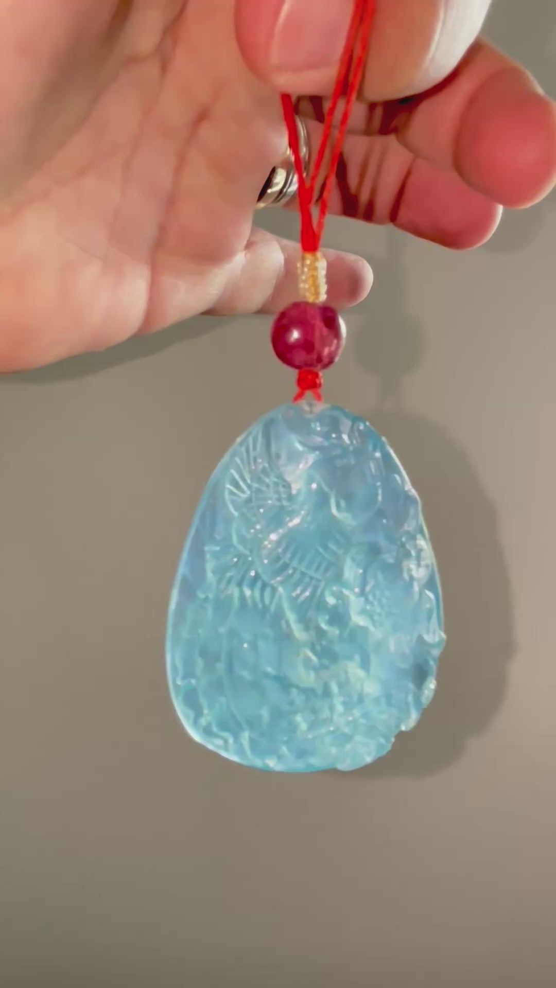 Large Chinese Hand-Carved Aquamarine Pendant with Pink Tourmaline and Seed Pearls