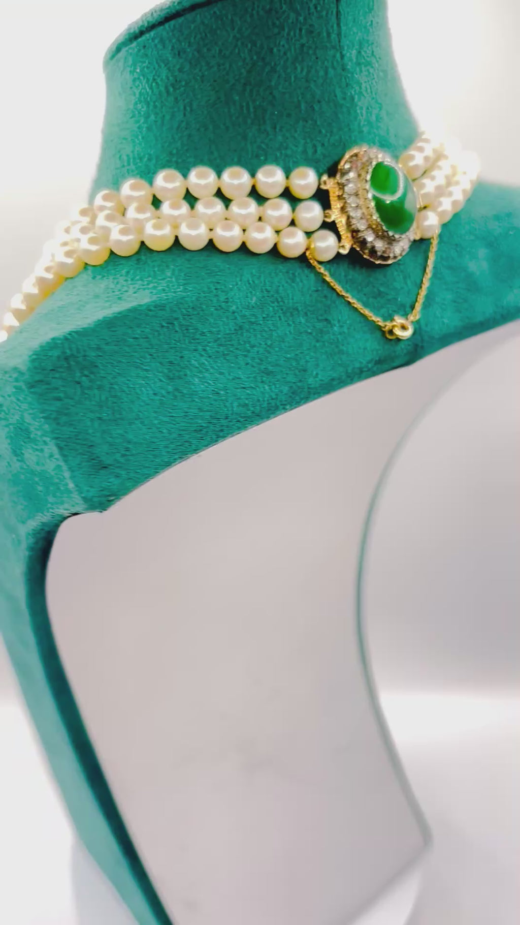 Three-Strand Japanese Akoya Pearl Necklace Late Victorian Diamond & Chrysoprase