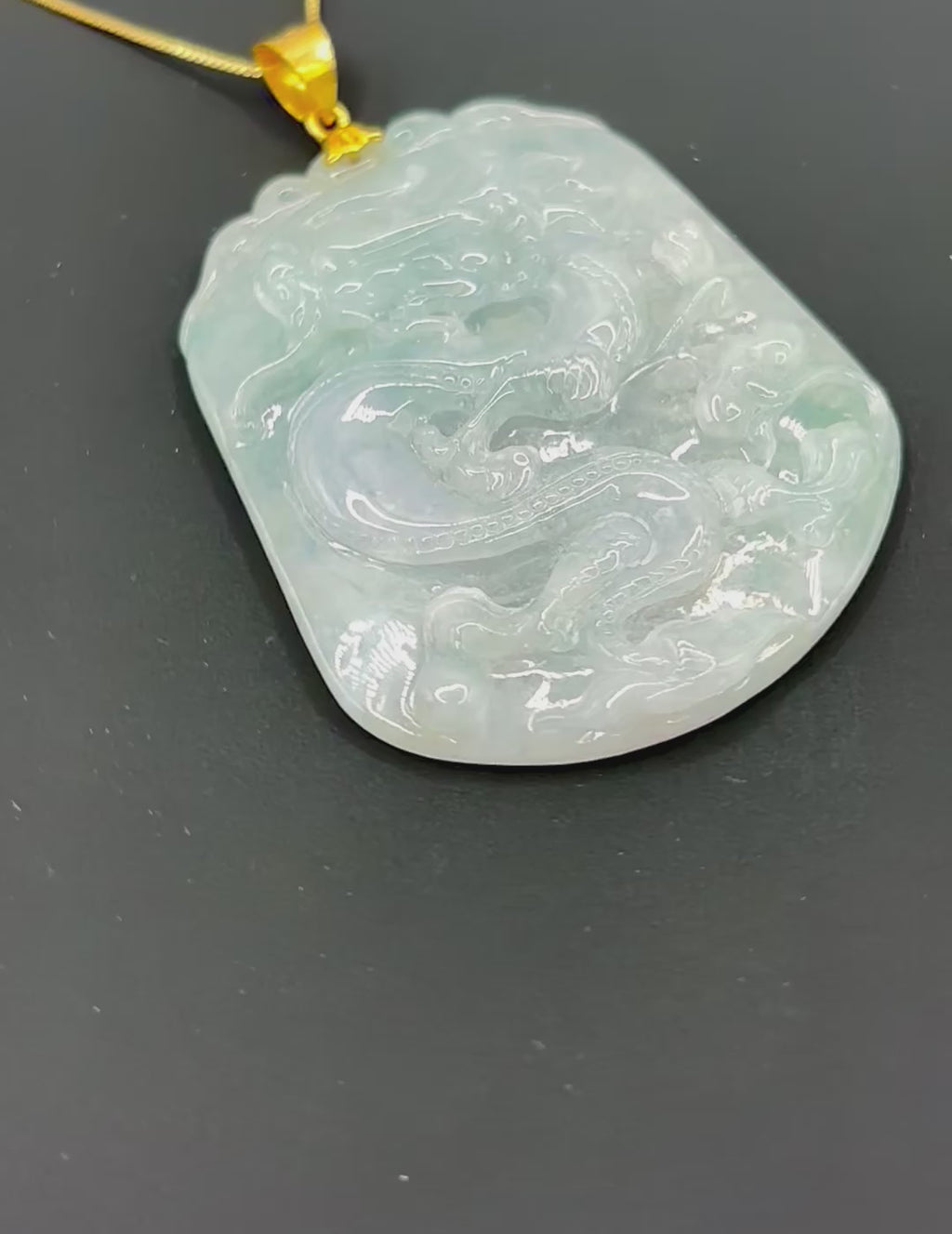 Large Vintage Carved Jadeite Jade Dragon Pendant 24K Fine Gold Bail, Certified